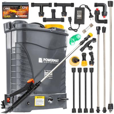 Акумулаторна пръскачка POWERMAT – 16L, 12V/15Ah, с 9 дюзи и пълен комплект аксесоари